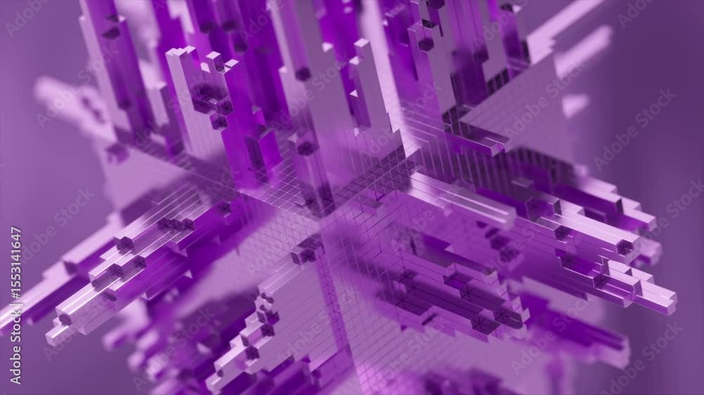 Poster complex purple crystal structure grows, transforms and glows, showcasing intricate details and dynam