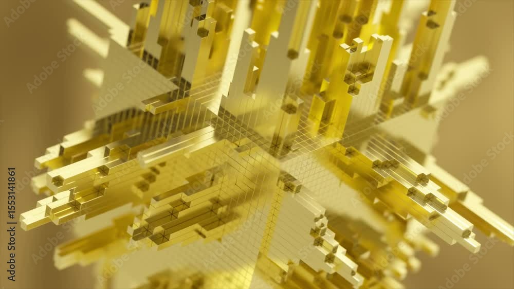 Poster complex golden cube structure with extruded elements rotates slowly, showcasing intricate details an