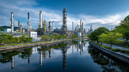Obraz premium An oil refinery surrounded by greenery under a blue sky, highlighting eco-friendly industrial infrastructure