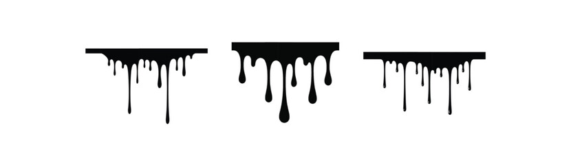 Three Variations of Black Dripping Paint Ink Splatter Set, on White Background