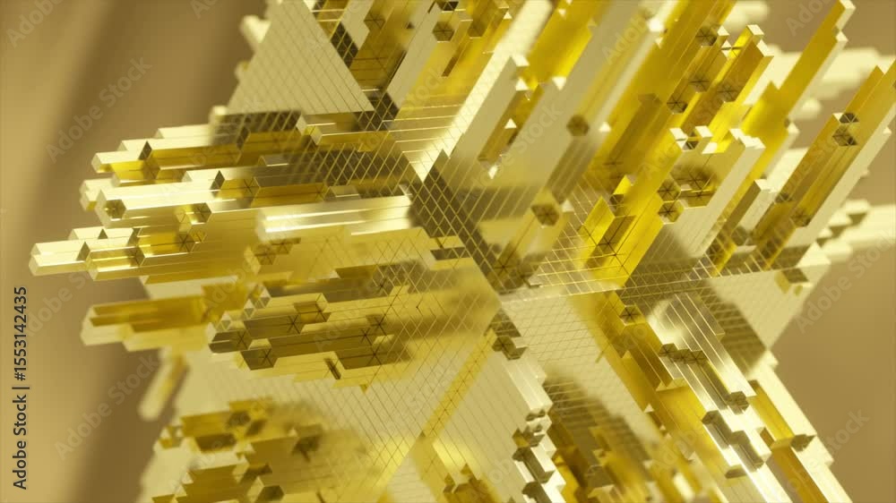 Poster golden cube structure rotating slowly, revealing intricate geometric details with luminous reflectio