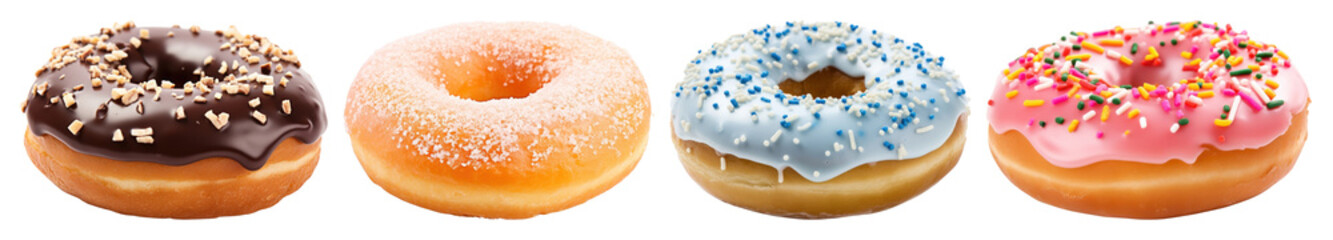 PNG Colorful donuts with various toppings, element set on transparent background
