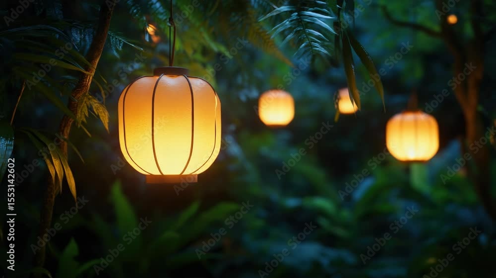 Poster a cluster of lanterns, all yellow, are hanging from a tree. the lanterns are suspended from the bran