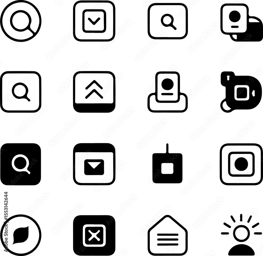 Poster black and white vector icons set of nine different shapes including search check mark and email symb
