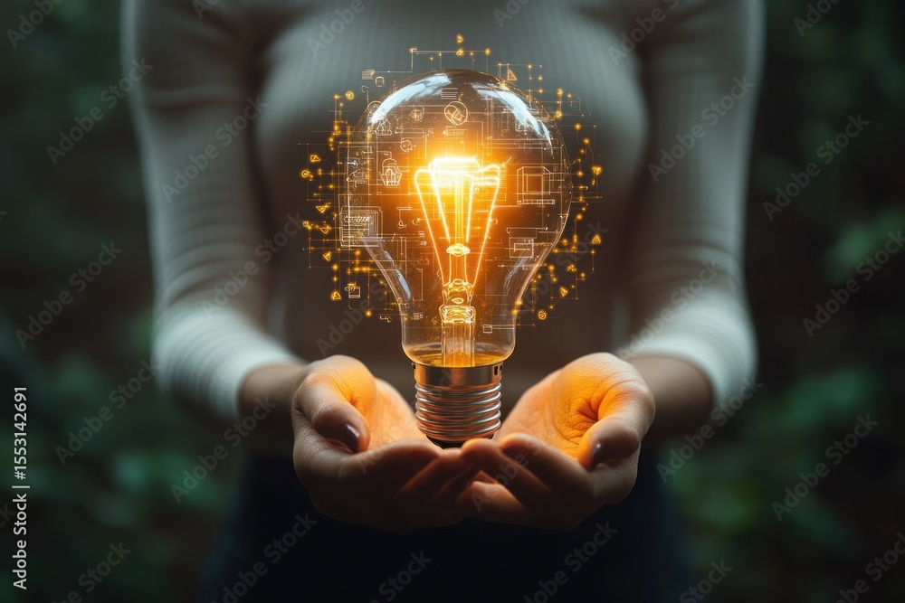 Poster close-up of hands gently holding a glowing light bulb with digital technology icons floating around 