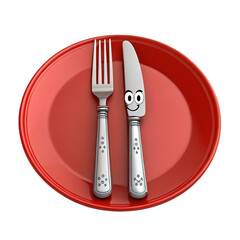 Red dining plate with cute face and cutlery on Transparent Background