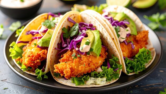 Crispy fish tacos with avocado and red cabbage slaw on a black plate