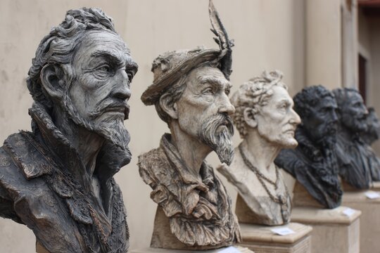 Row of sculpted busts of historical figures. - Powered by Adobe