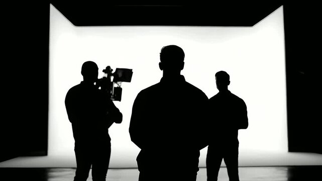 Monochrome footage capturing a film crew in action behind the scenes.
