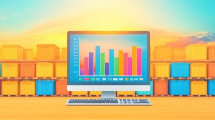 Logistics computer analysis with colorful graph style. Business technology with data, commerce, and shipping. Containers and graph at desk, modern digital workspace, commercial industry visual.
