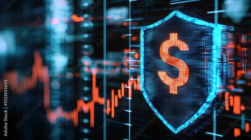 Aufkleber digital shield displaying a dollar symbol, set against a backdrop of financial data.