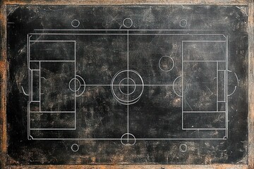 Worn chalkboard with faded white lines drawing of a soccer field layout including goals, center circle, and penalty areas