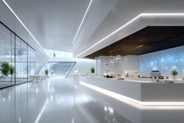 Obraz premium Futuristic white minimal cafe bar interior design with robots walking