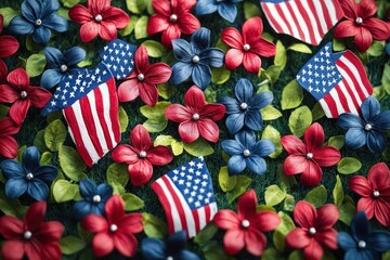 Fototapeta premium Vibrant red and blue flowers densely packed with small American flag decorations among green leaves creating a patriotic festive display
