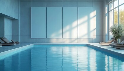 Calm indoor swimming pool with modern loungers, pale blue tiles, large windows allowing natural sunlight, and minimalist decor creating a peaceful atmosphere