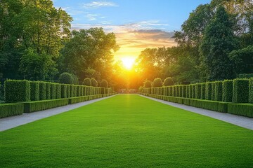 Sunset over a symmetrical garden pathway with manicured green hedges and lush trees under a partly cloudy sky