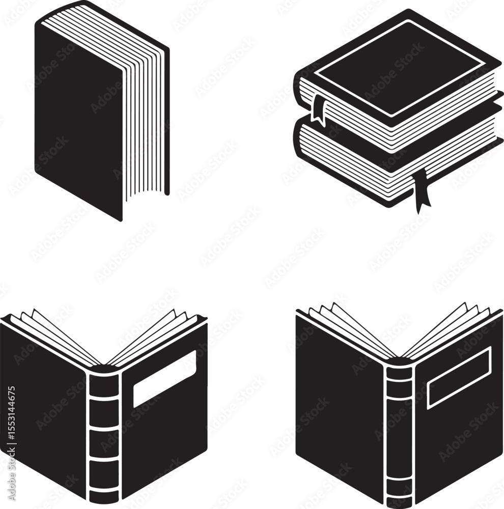 Poster black and white vector illustrations of books in different positions including closed stacked and op