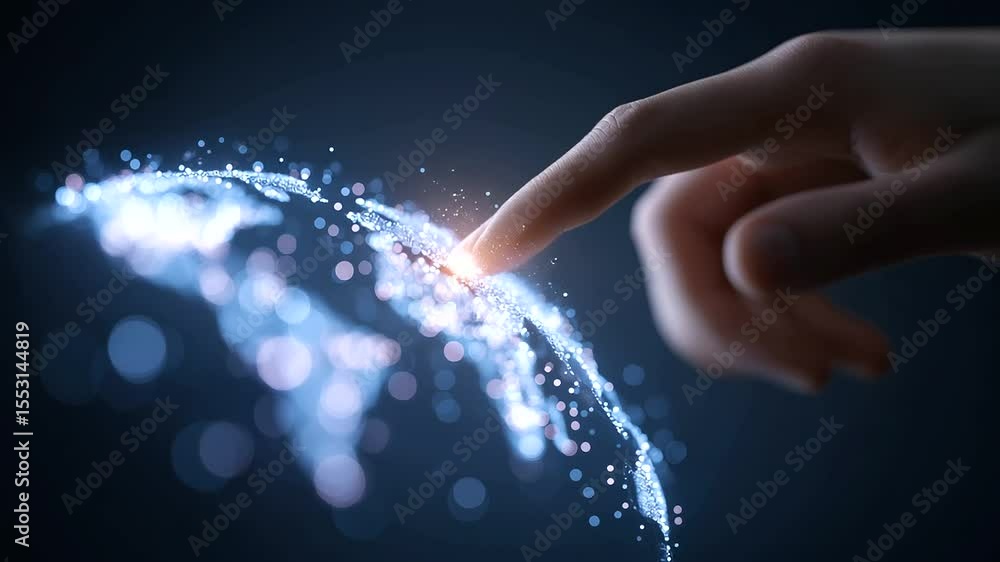 Poster dynamic visuals of a global data network interwoven with ai communication elements.