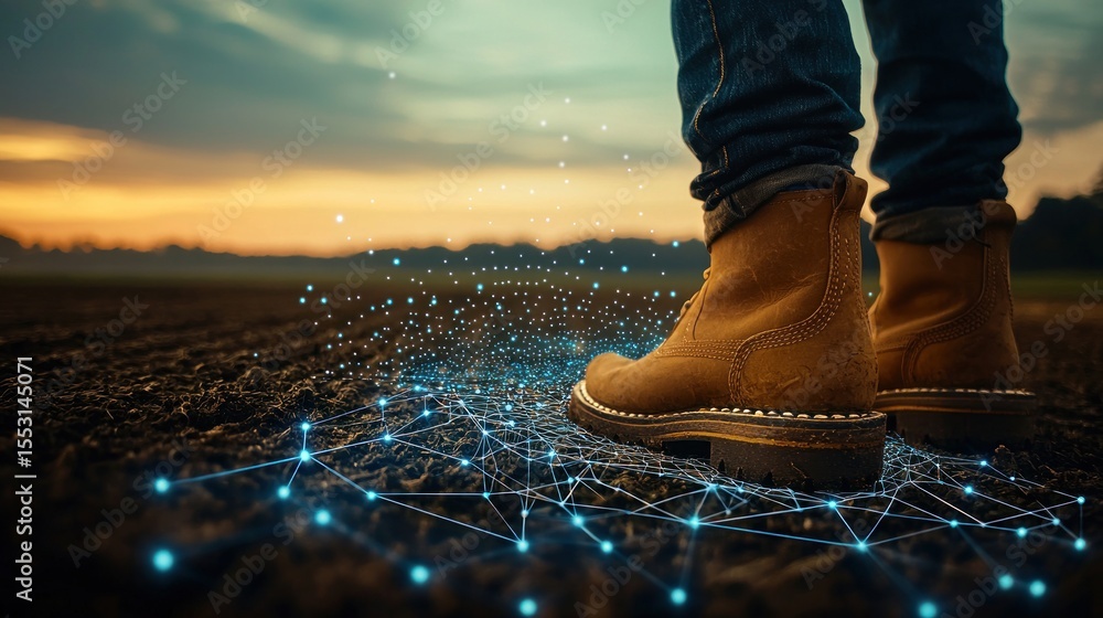 Poster a pair of boots on a field path with digital connectivity.