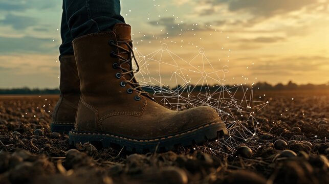 Brown work boots on soil with a network graphic overlay.