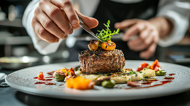 A chef presenting a fully finished gourmet dish with intricate details