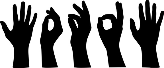 Black hand silhouettes showing different hand gestures on a white background including open palm and O K sign
