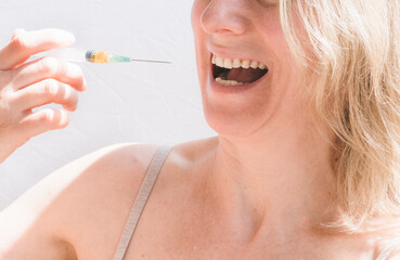 Fear of collagen injections, consequences and skin aging. Woman chooses cosmetic procedures.