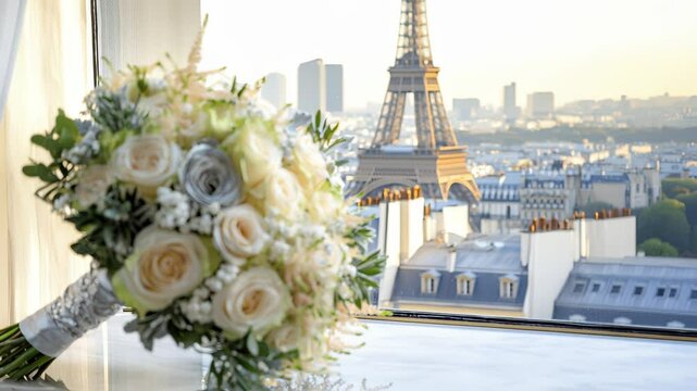 A stunning wedding bouquet featuring white and gray roses rests on a windowsill, set against the iconic Eiffel Tower at sunset in Paris, creating a magical atmosphere.
