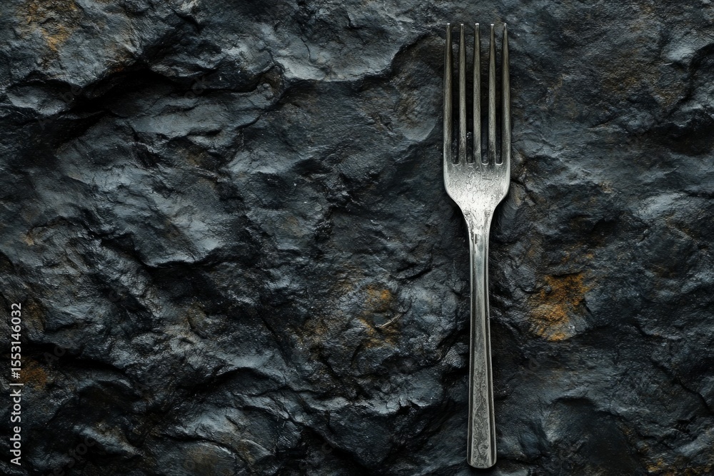 Poster old silver fork resting on a textured black stone surface, creating a dramatic and minimalist compos