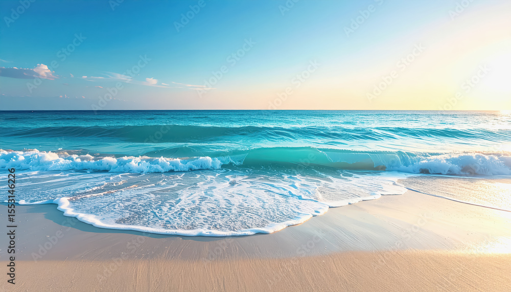 Poster dynamic beach scene with powerful waves crashing against the shore under soft dawn light