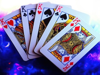 Five king playing cards of each suit fanned out on a colorful blue and purple background