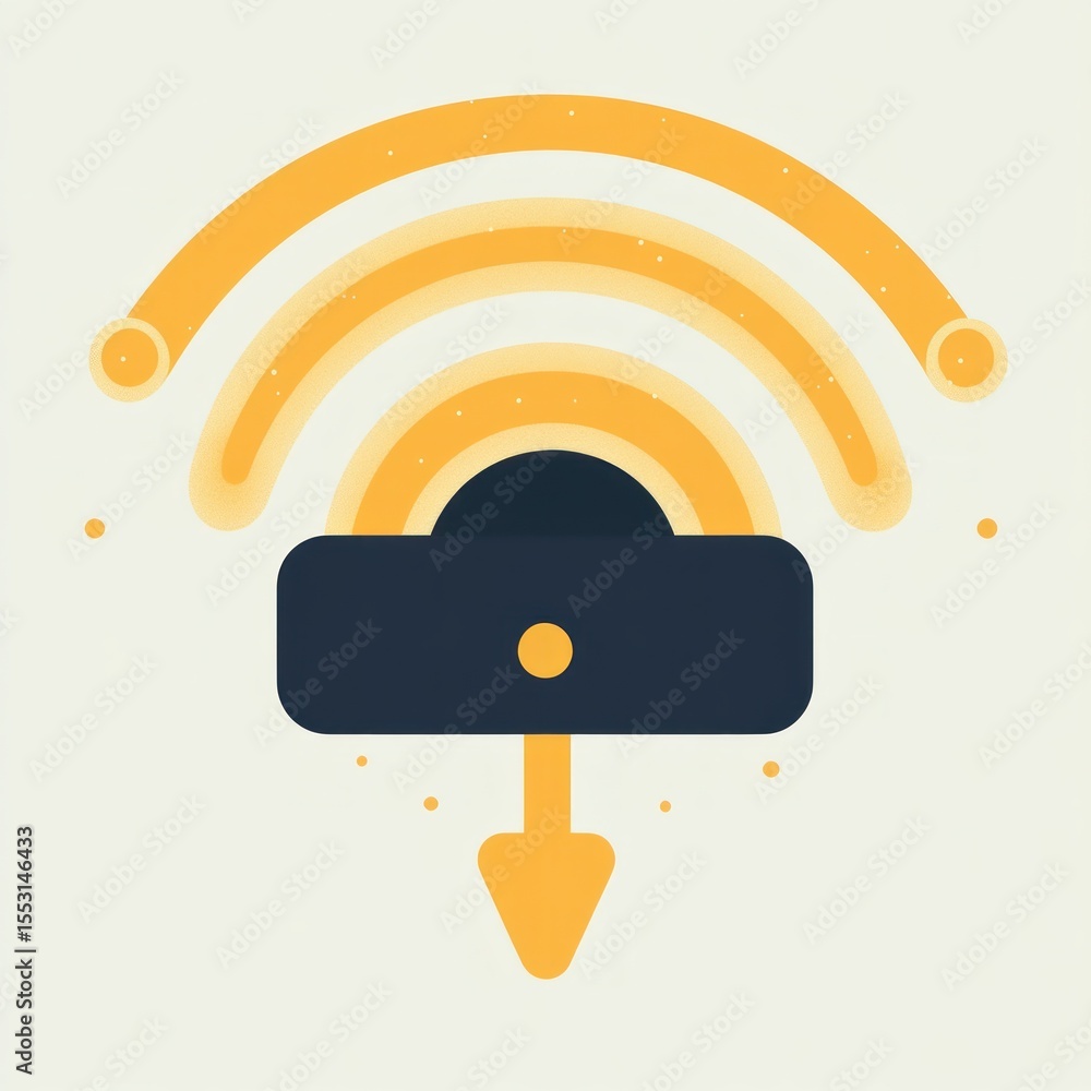 Poster abstract digital illustration of a dark lock with an arrow pointing downwards under three curved ora