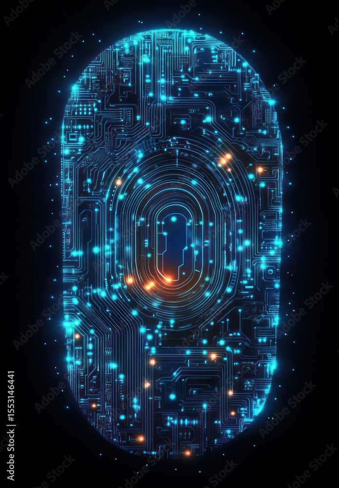 Aufkleber glowing digital fingerprint composed of blue and orange circuit-like patterns symbolizing technology