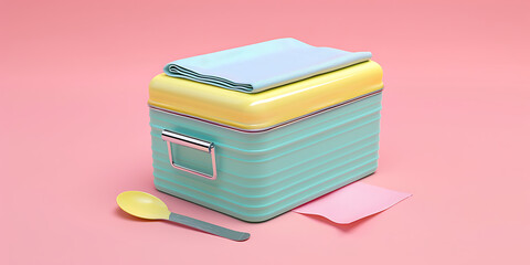 Fototapeta premium Pastel insulated lunchbox with blue napkin yellow spoon and pink note set against pink background