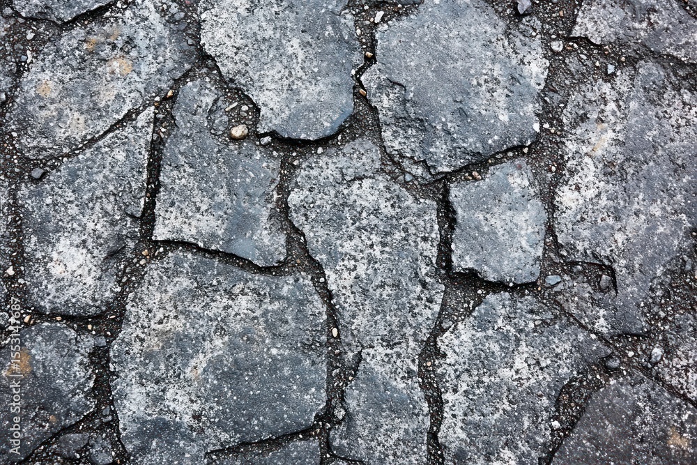 Poster close-up of cracked and weathered asphalt pavement showing rough texture and uneven fracture lines i
