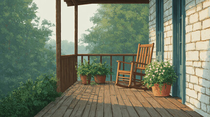 Fototapeta premium Embrace Serenity on the Porch: A Captivating Escape into Nature's Embrace with Charming Potted Flowers and Inviting Wooden Furniture for Ultimate Relaxation