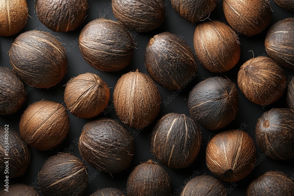 Poster group of ripe coconuts creating a beautiful, textured background on a dark surface, ideal for food, 