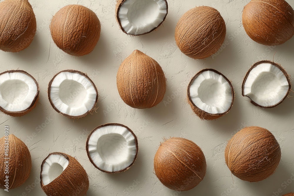 Aufkleber pattern of whole and halved fresh coconuts lying on beige background, creating visual appealing arra