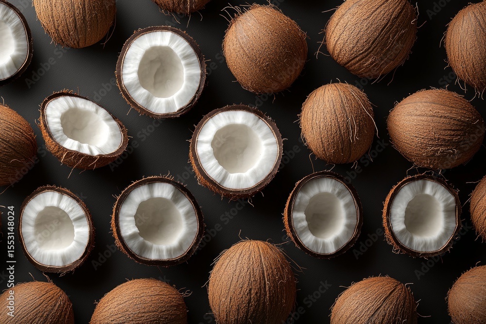 Poster fresh coconuts, both whole and halved, arranged on a dark surface, creating a visually appealing pat