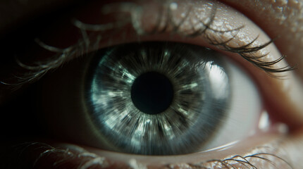 Close-up of a humanoid robot eye with glowing circuits, neural patterns, cinematic 