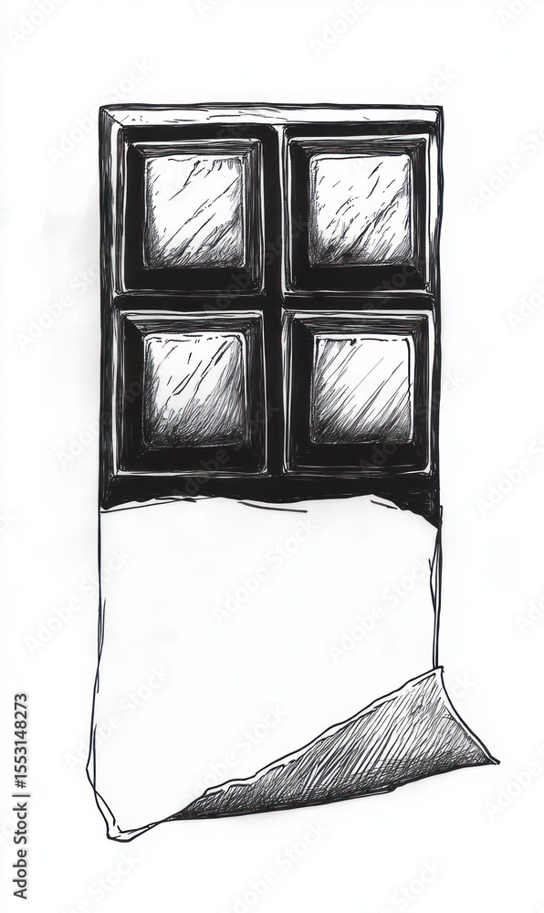 Poster black and white sketch of a chocolate bar with four segments and a partially unwrapped foil wrapper 