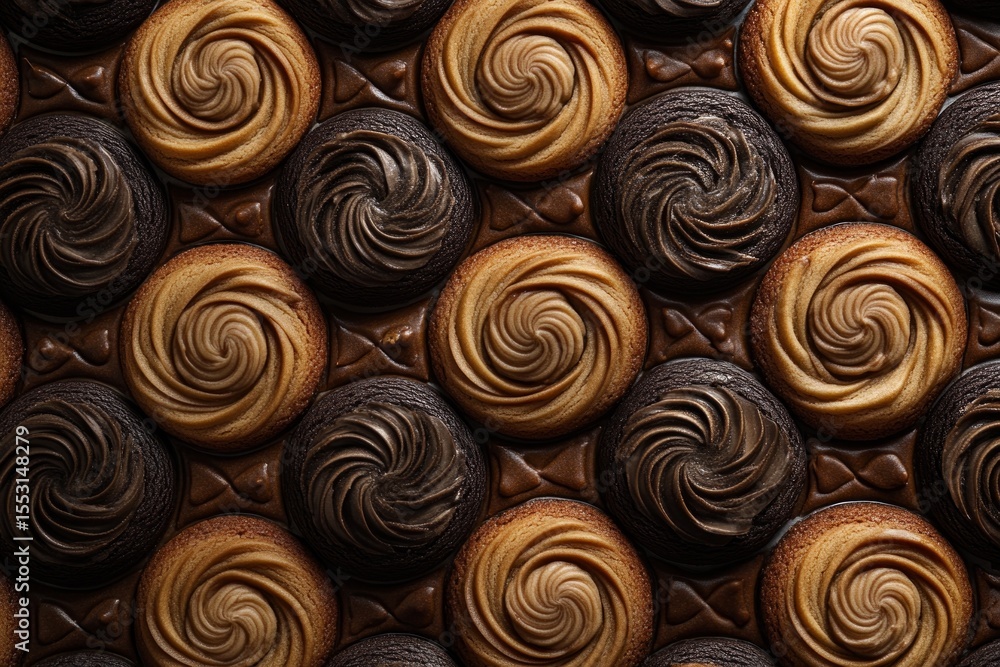Poster overhead view of freshly baked biscuits with swirled chocolate and coffee frosting, creating a visua