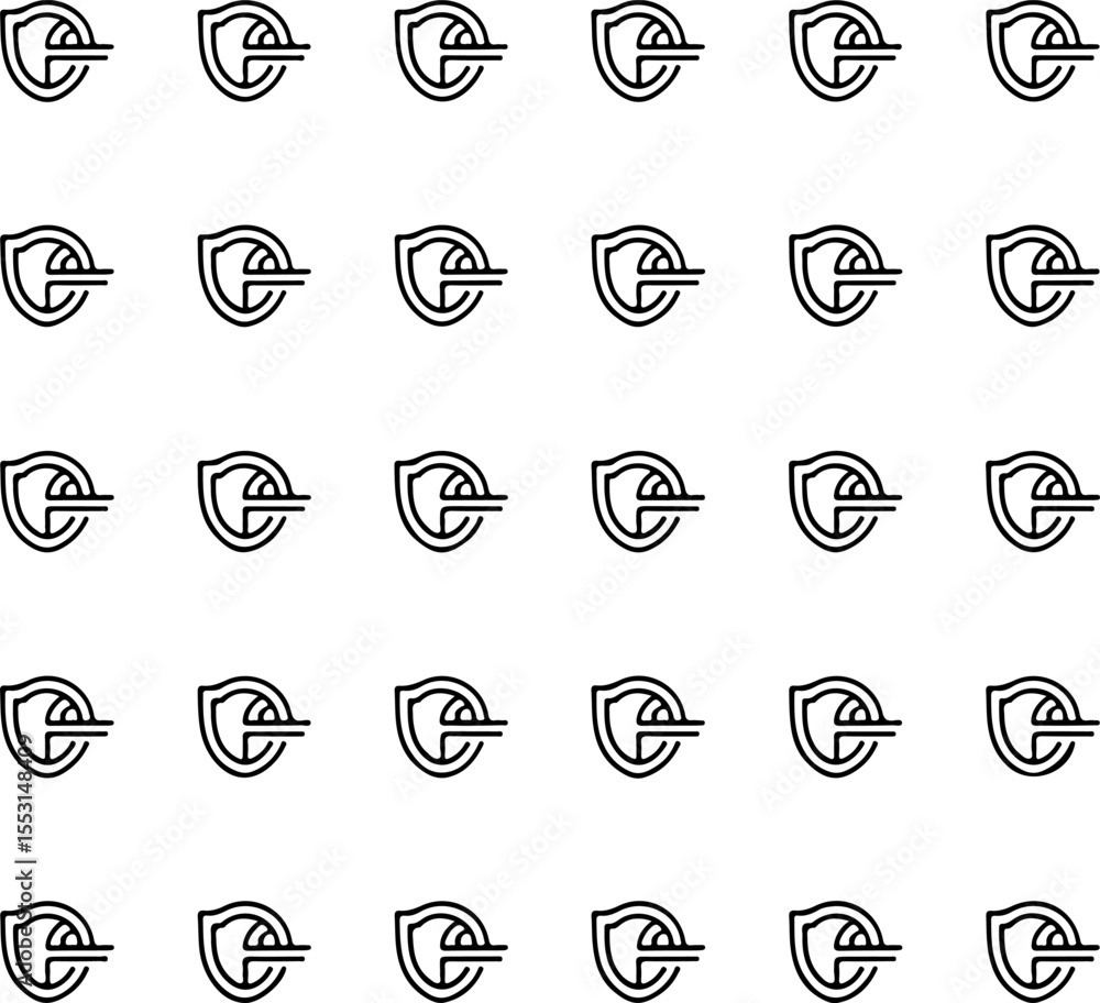 Poster black outline vector illustration of a shield with a stylized letter e and a horizontal line repeate
