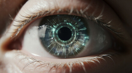 Close-up of a humanoid robot eye with glowing circuits, neural patterns, cinematic 