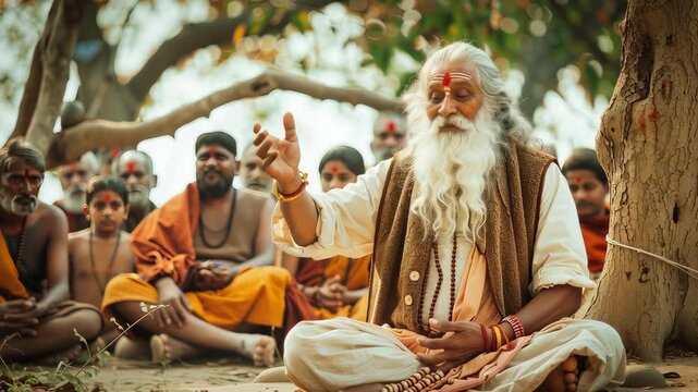 An old Indian guru surrounded by his disciples