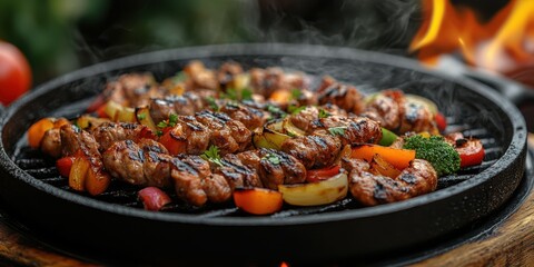 Grilled meat and vegetables sizzling on a hot plate in a backyard during a summer evening gathering