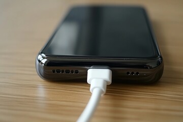 Modern mobile phone charging on a desk with a white usb cable