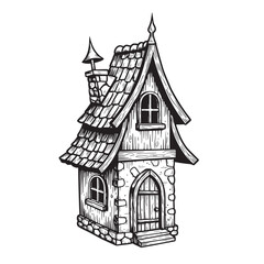 Detailed vintage art silhouette illustration of a charming fantasy cottage with architectural detail in black and white
