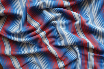 Rumpled blue, red and white striped fabric