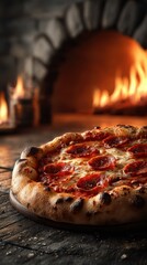 Freshly baked pepperoni pizza with crispy crust in front of a stone oven during golden hour